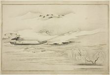 Towing a Barge in the Snow, from the album The Silver World, Japan, 1790. Creator: Kitagawa Utamaro