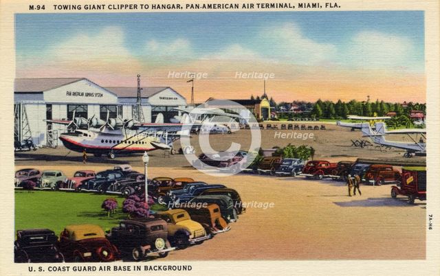 Towing a flying boat to a hangar, Pan-American terminal, Miami, Florida, USA, 1937. Artist: Unknown