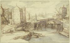Town view with a bridge under which a ship passes, and a staircase..., c1600-1630. Creator: Cornelis Claesz van Wieringen