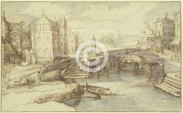 Town view with a bridge under which a ship passes, and a staircase..., c1600-1630. Creator: Cornelis Claesz van Wieringen.