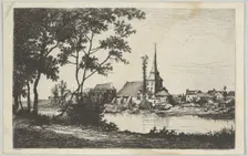 Town with a church across a river, 19th century. Creator: Tancrède Abraham