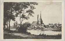 Town with a church across a river, 19th century. Creator: Tancrède Abraham