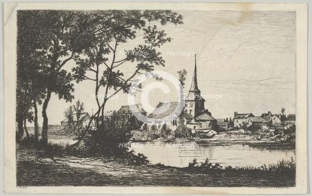 Town with a church across a river, 19th century. Creator: Tancrède Abraham.