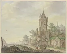 Town with an old tower by the water, a woman with a boy and two sheep in the foreground, 18th centur Creator: Pieter Bartholomeusz. Barbiers