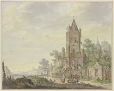 Town with an old tower by the water, a woman with a boy and two sheep in the foreground, 18th centur Creator: Pieter Bartholomeusz. Barbiers