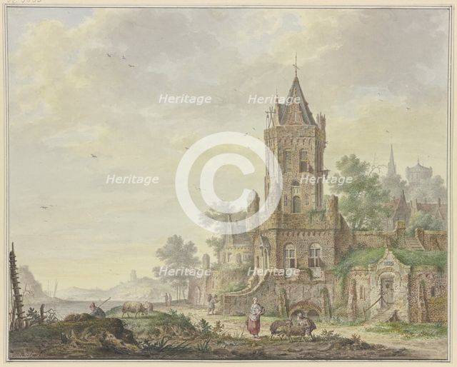 Town with an old tower by the water, a woman with a boy and two sheep in the foreground, 18th centur Creator: Pieter Bartholomeusz. Barbiers.