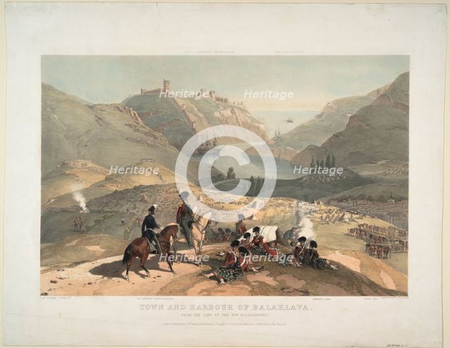 Town and harbour of Balaklava from the camp of the 93rd Highlanders, 1854. Artist: O'Reilly, Montagu, Lt., British Army (active ca. 1855)
