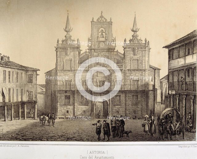 Town Hall of Astorga, lithograph of the work 'Memories and beauties of Spain'.