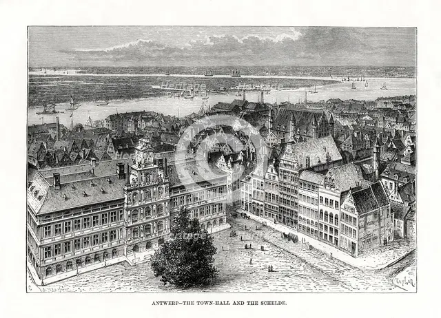 Town Hall and River Schelde, Antwerp, Belgium, 1879. Artist: Taylor