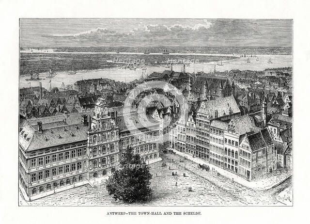 Town Hall and River Schelde, Antwerp, Belgium, 1879. Artist: Taylor