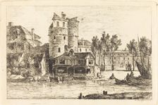 Town on a River Bank with Two Round Towers, c. 1770. Creator: Nicolas Perignon