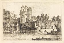 Town on a River Bank with Two Round Towers, c. 1770. Creator: Nicolas Perignon