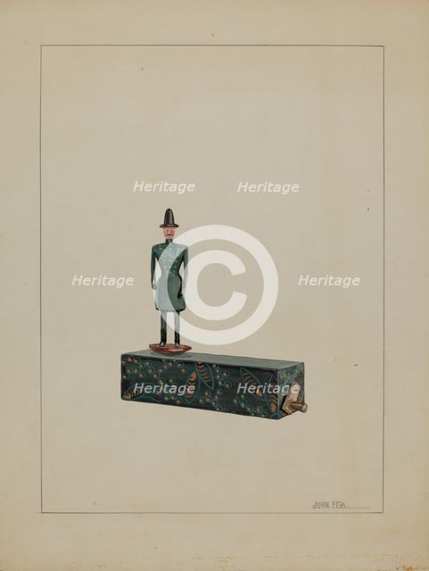 Toy - Man on Music Box, c. 1936. Creator: John Fisk.
