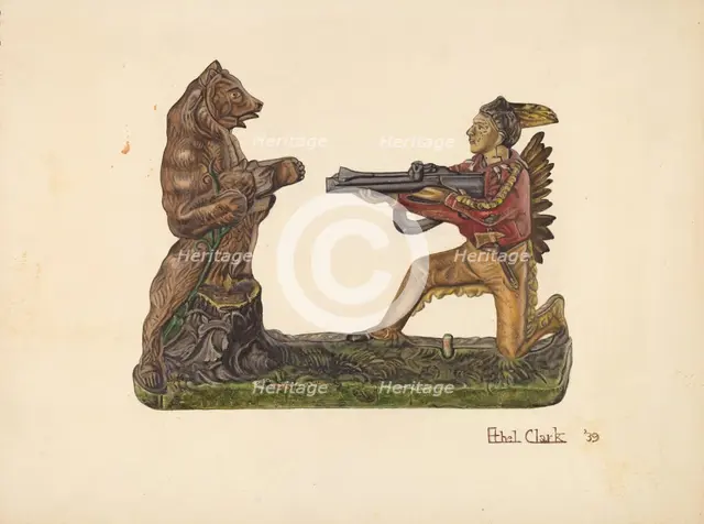 Toy Bank: Bear and Indian, 1939. Creator: Ethel Clarke.