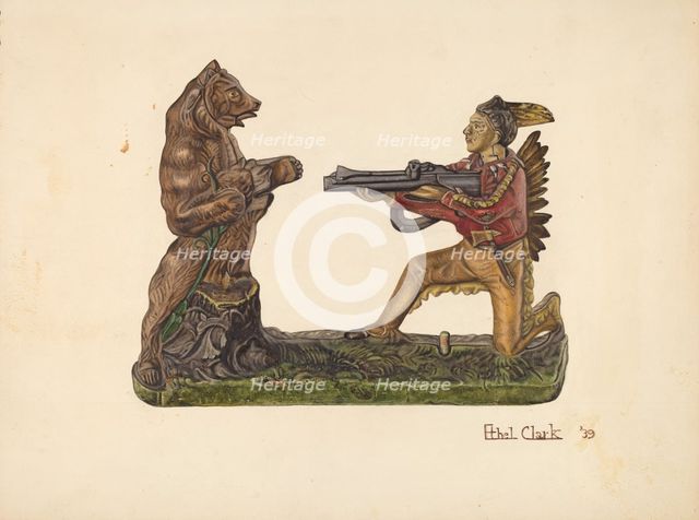Toy Bank: Bear and Indian, 1939. Creator: Ethel Clarke.