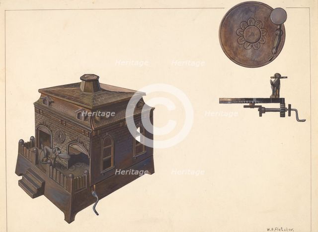 Toy Bank: Building and Revolving Dog, c. 1938. Creator: William O. Fletcher.