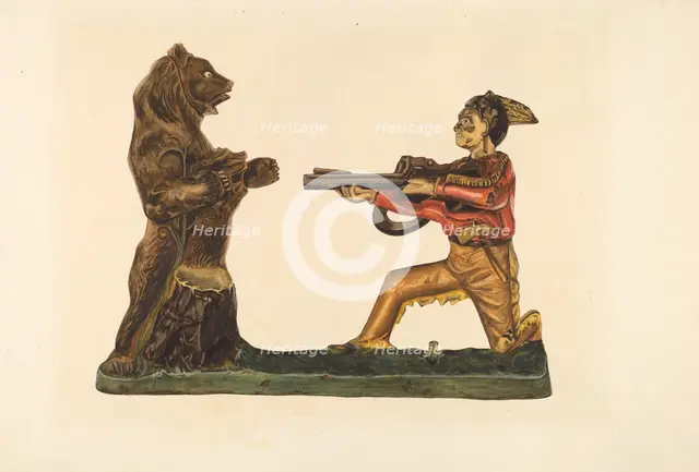 Toy Bank: Hunter Shooting Bear, c. 1938. Creator: Einar Heiberg.