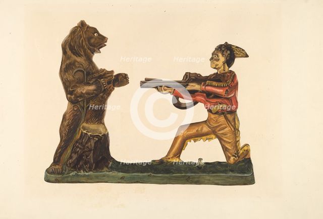 Toy Bank: Hunter Shooting Bear, c. 1938. Creator: Einar Heiberg.