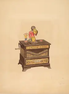 Toy Bank: Monkey and Hurdy-Gurdy, c. 1939. Creator: Parker Cushman