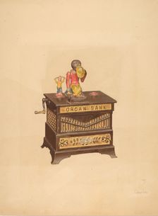 Toy Bank: Monkey and Hurdy-Gurdy, c. 1939. Creator: Parker Cushman