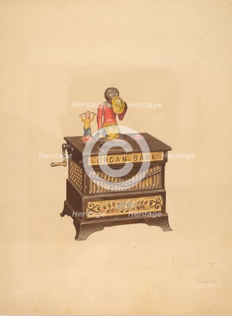 Toy Bank: Monkey and Hurdy-Gurdy, c. 1939. Creator: Parker Cushman.