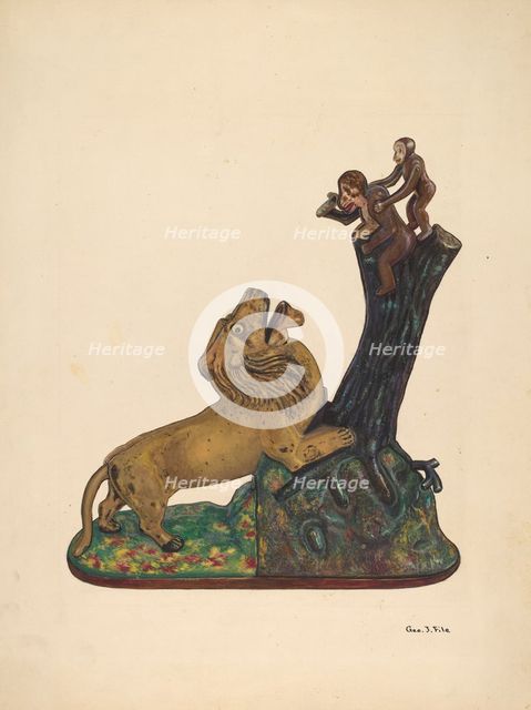 Toy Bank: Monkey and Lion, c. 1937. Creator: George File.