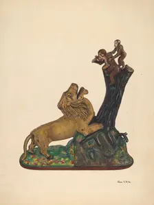 Toy Bank: Monkey and Lion, c. 1937. Creator: George File