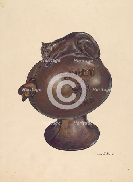 Toy Bank: Tabby Cat, c. 1937. Creator: George File.