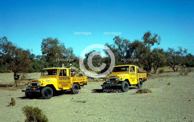 Toyota Ampol fuelling trucks for Bluebird CN7 World Land Speed Record attempt, Australia, 1964. Creator: Unknown.