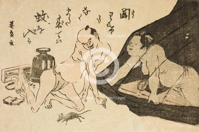 Toba-e: Okame under mosquito netting, releasing a rat while her lover looks aghast, c1810s. Creator: Ikeda Eisen.