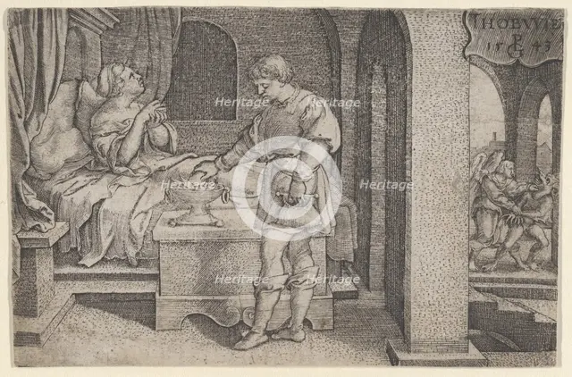 Tobiolus Makes a Propitiatory Sacrifice, from The Story of Tobias, 1543. Creator: Georg Pencz.