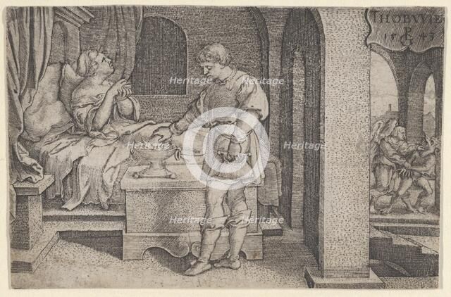 Tobiolus Makes a Propitiatory Sacrifice, from The Story of Tobias, 1543. Creator: Georg Pencz.