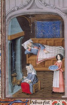 Tobit, blind in bed, attended by two women, c1479 Creator: Unknown