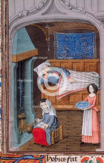 Tobit, blind in bed, attended by two women, c1479 Creator: Unknown.