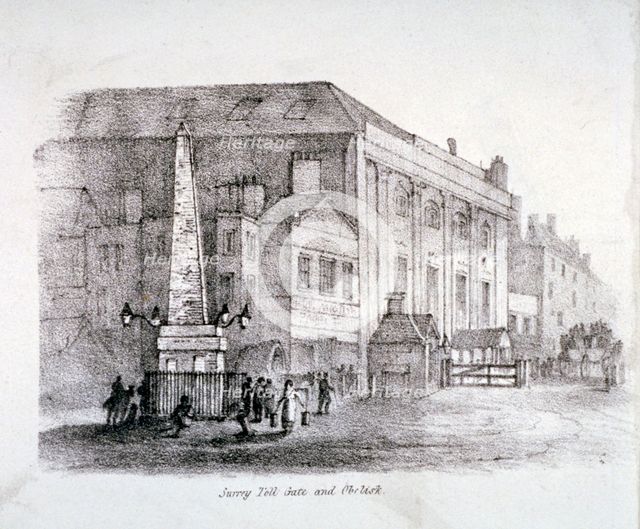 Toll gate and obelisk at St George's Circus, Southwark, London, c1830. Artist: Anon
