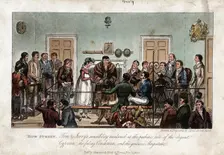 Tom and Jerry as observers in the Bow Street Magistrate's Court, London, 1821. Artist: George Cruikshank