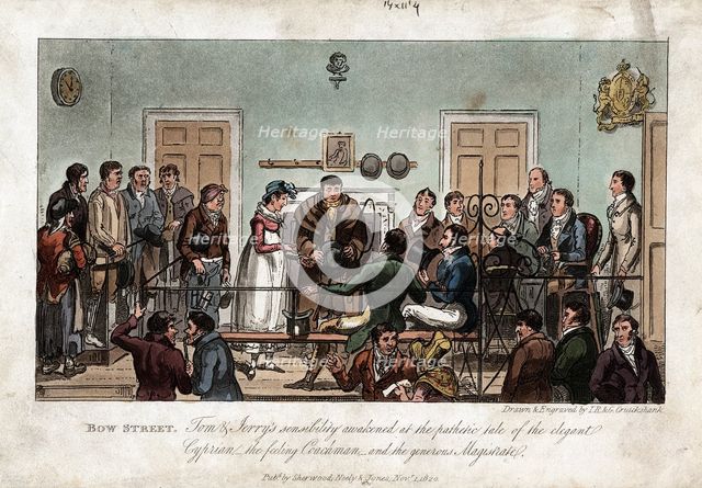Tom and Jerry as observers in the Bow Street Magistrate's Court, London, 1821. Artist: George Cruikshank