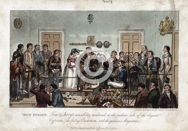 Tom and Jerry as observers in the Bow Street Magistrate's Court, London, 1821. Artist: George Cruikshank