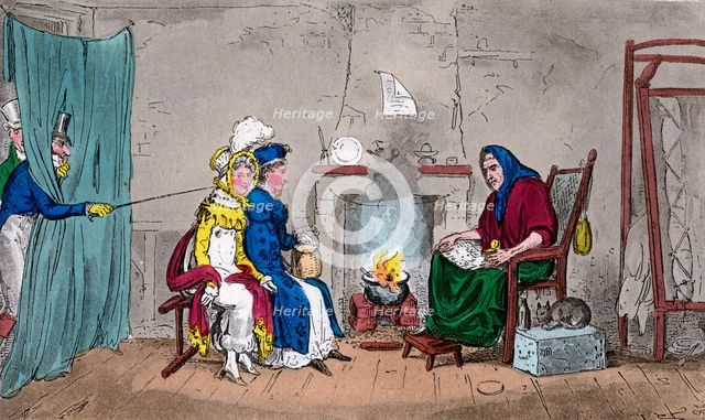 Tom and Jerry, catching Kate and Sue on the fly, having their fortunes told, 19th century.Artist: Isaac Robert Cruikshank