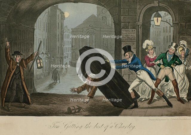 Tom Getting the best of a Charley. Illustration to "Life in London" by Pierce Egan , 1820. Creator: Cruikshank, George (1792-1878).