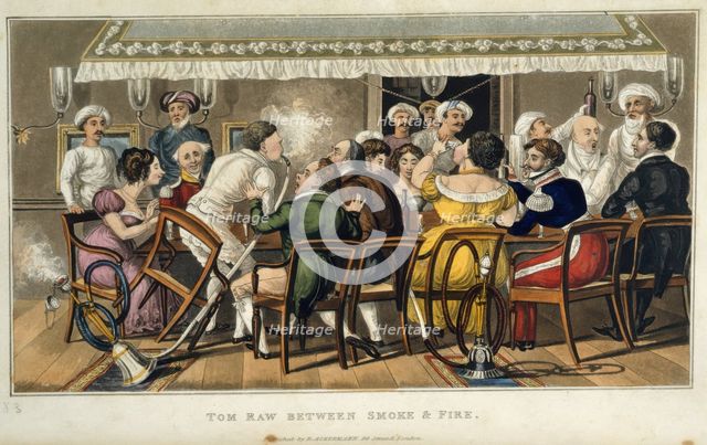 Tom Raw between smoke and fire, 1828. Creator: Sir Charles D'Oyly.