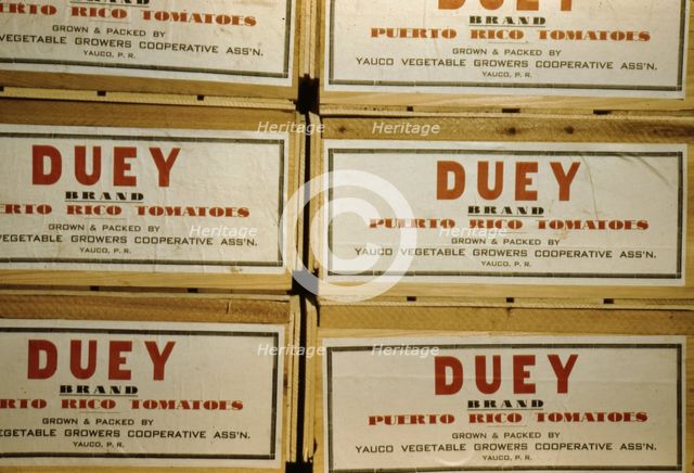 Tomato crates at the Yauco cooperative tomato growers' association, Puerto Rico, 1942. Creator: Jack Delano.