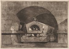Tomb with Sphinx: Funerary Monument with an Owl on a Sarcophagus Supported by Sphinx, c. 1779-84. Creator: Louis Jean Desprez (French, 1743-1804)