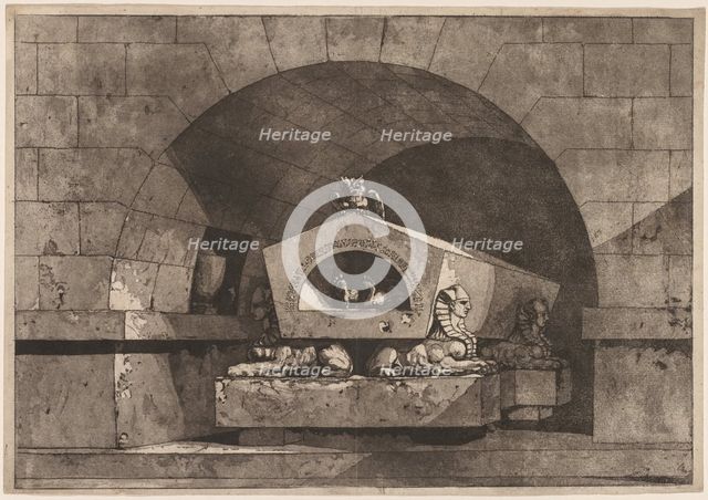 Tomb with Sphinx: Funerary Monument with an Owl on a Sarcophagus Supported by Sphinx, c. 1779-84. Creator: Louis Jean Desprez (French, 1743-1804).