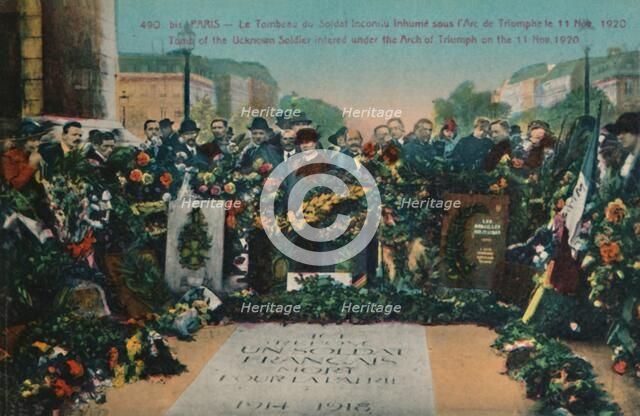 Tomb of the Unknown Soldier buried under the Arc de Triomphe on 11 November 1920, Paris, c1920. Artist: Unknown.
