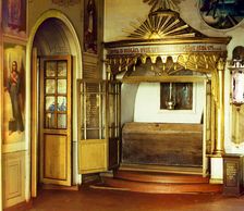 Tomb of boyar Mikhail Nikitich Romanov in the winter church in the village of Nyrob..., 1910. Creator: Sergey Mikhaylovich Prokudin-Gorsky
