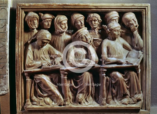 Tomb of Giovanni da Legano. 'Students reading', bas-relief made in 1386 by J della Masegne.