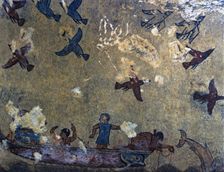 Tomb of hunting and fishing. Fresco depicting men in a fishing boat and birds flying, from Tarqui…