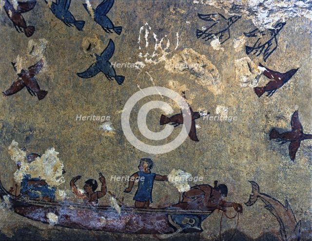Tomb of hunting and fishing. Fresco depicting men in a fishing boat and birds flying, from Tarqui…