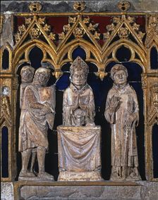 Tomb of Saint Narcissus Front detail with Saint Narcissus saying Mass between warriors and an…